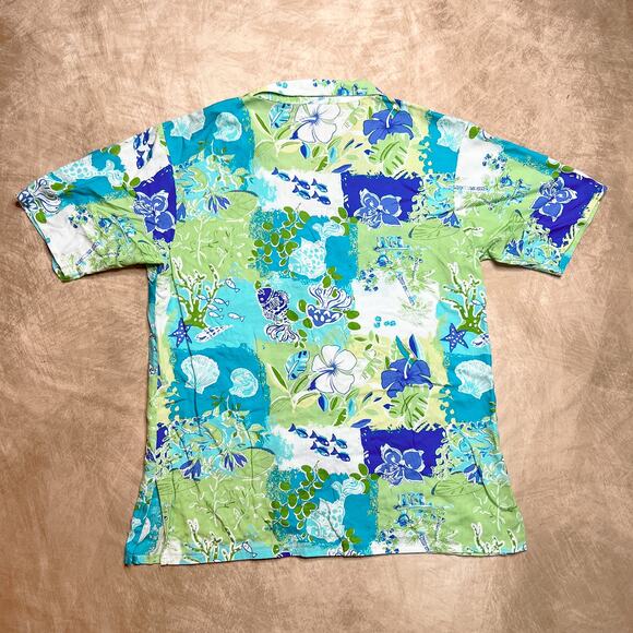 Vintage 90s Paradiso Patchwork Tropical Fish Print Beaded Button Up Shirt Beach - Picture 2 of 7